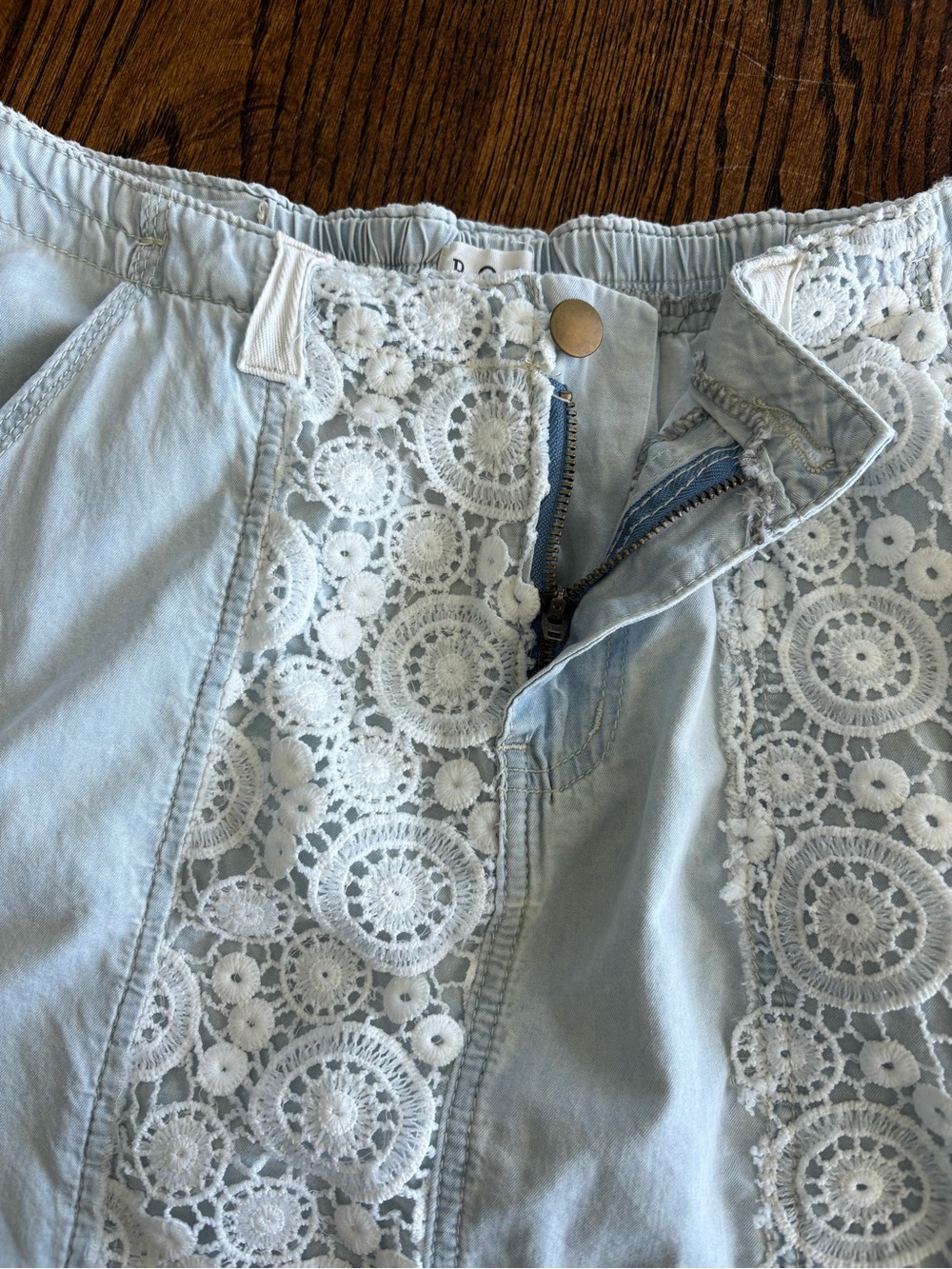 POL Lace Light Wash Denim Midi Maxi Skirt Crochet Medium Boho Coastal Cowgirl - Picture 11 of 15